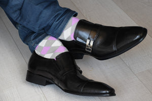 Men's dress socks, multicolored, with purple and grey argyle pattern