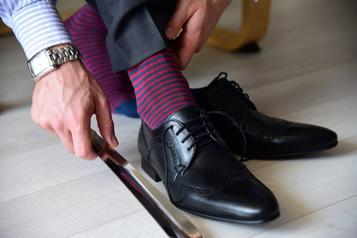 Thin Striped Dress Socks for Men Red and Navy Blue Made in Italy
