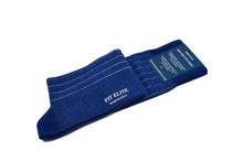 Men's ribbed socks, blue with grey vertical stripes, mid calf, made in Italy