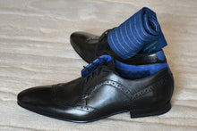 Ribbed pinstripe socks for men by Fit Elite, bright blue with grey stripes
