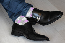 Cool dress socks for men with fun and colorful argyle design, purple and grey