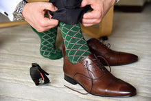 Men's designer dress socks, green with red polka dots matching red accessories