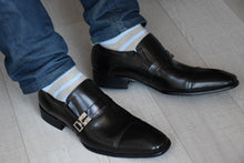 Striped blue socks for men matching casual outfit