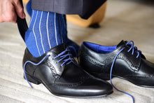Blue business socks for men matching black derby dress shoes 
