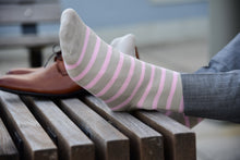 Fun dress socks for men, pink striped, matching grey dress pants