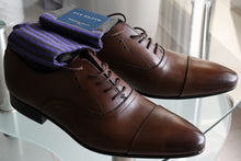 Luxury business socks for men with classic purple stripes and brown oxford dress shoes