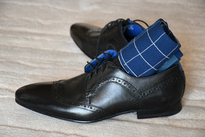 Luxury cotton dress socks for men, blue with light grey checks