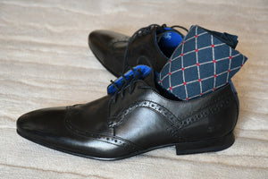 Luxury dress socks for men, navy blue with red polka dots