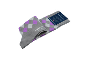 Purple and grey argyle socks for men, mid calf, made in Italy