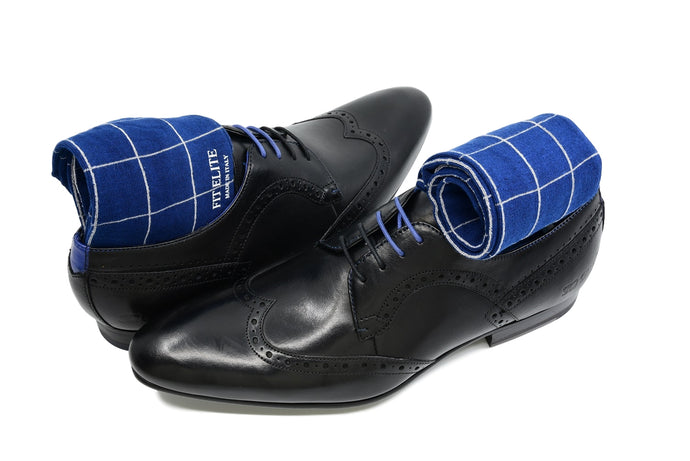 Men's blue checkered dress socks with black shoes