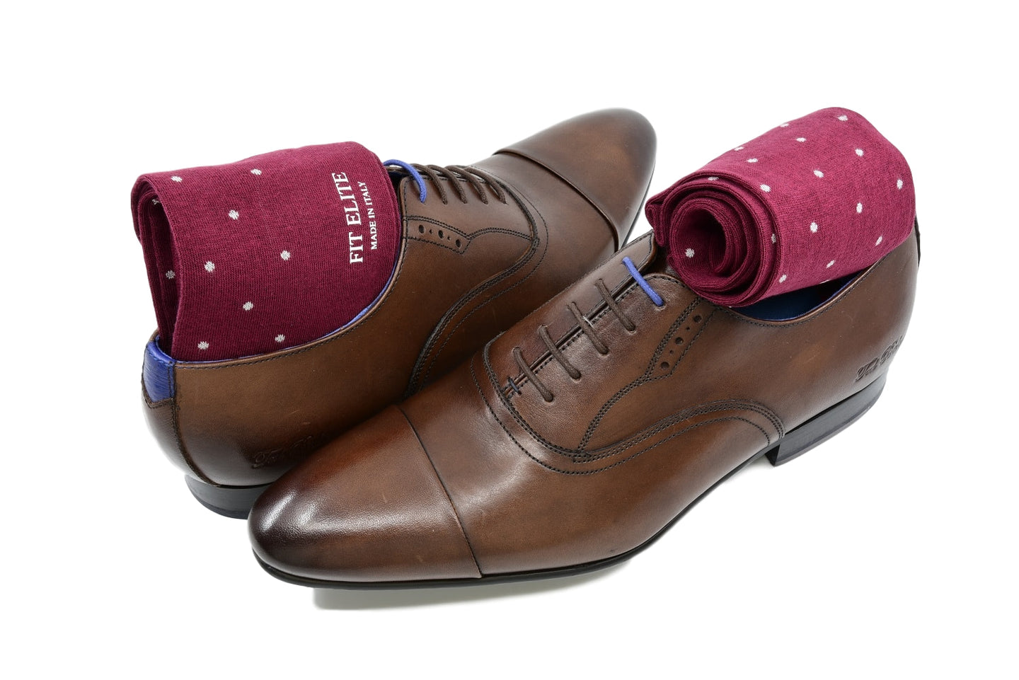Men's burgundy dress socks with grey polka dots and brown shoes