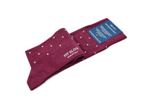 Men's burgundy dress socks with grey polka dots, mid calf, made in Italy