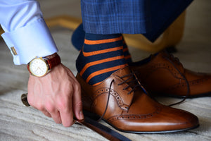 Colorful Striped Dress Socks for Men - Navy Blue and Orange Fit Elite Socks Colorful Striped Dress Socks for Men - Navy Blue and Orange Fit Elite Socks