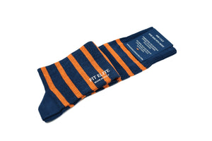 Men's striped socks, navy blue and orange, mid calf, made in Italy 
