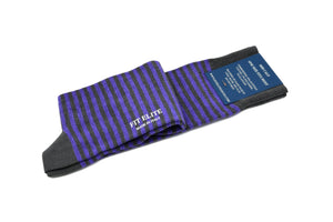 Men's thin striped socks, dark grey and purple, mid calf, made in Italy