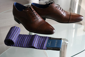 Premium dress socks for men with purple stripes and brown oxford shoes