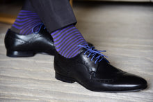 Striped purple dress socks for men by Fit Elite matching black suit